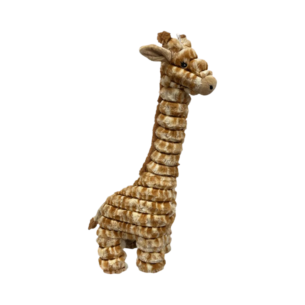 Girafe beige et caramel côtelée, cou tendu, de profil