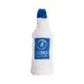 Bouteille blanche duveteuse au bouchon bleu et étiquette bleue