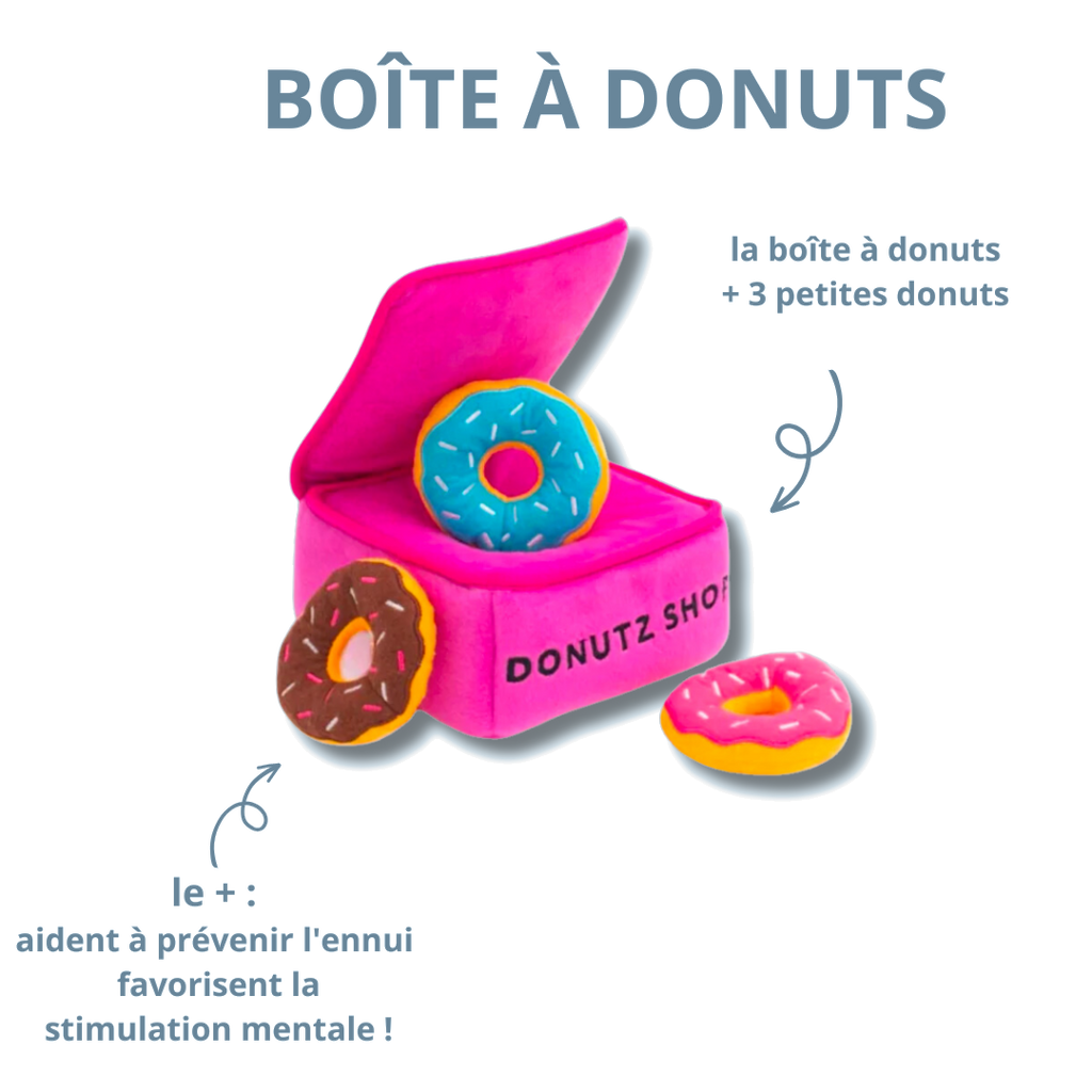 Boîte à donuts et trois donuts pour occuper le chien