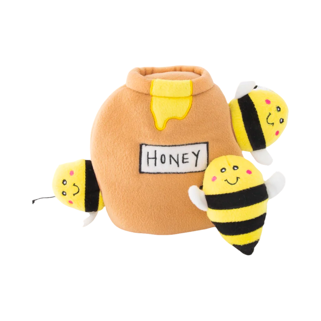 Pot de miel Honey et trois abeilles rayées jaune et noir