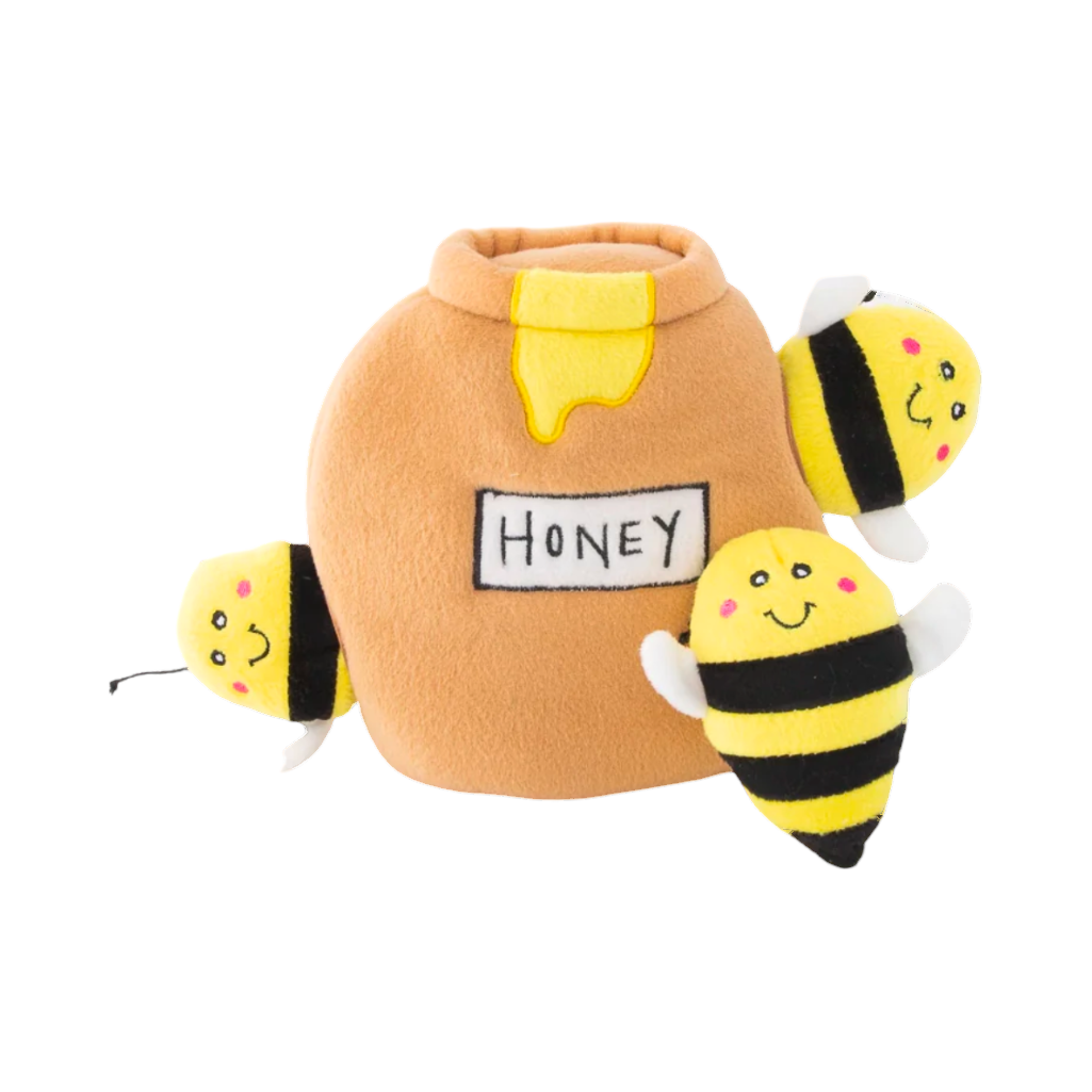 Pot de miel Honey et trois abeilles rayées jaune et noir