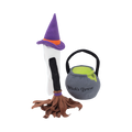 Chapeau violet, balai en peluche et chaudron gris