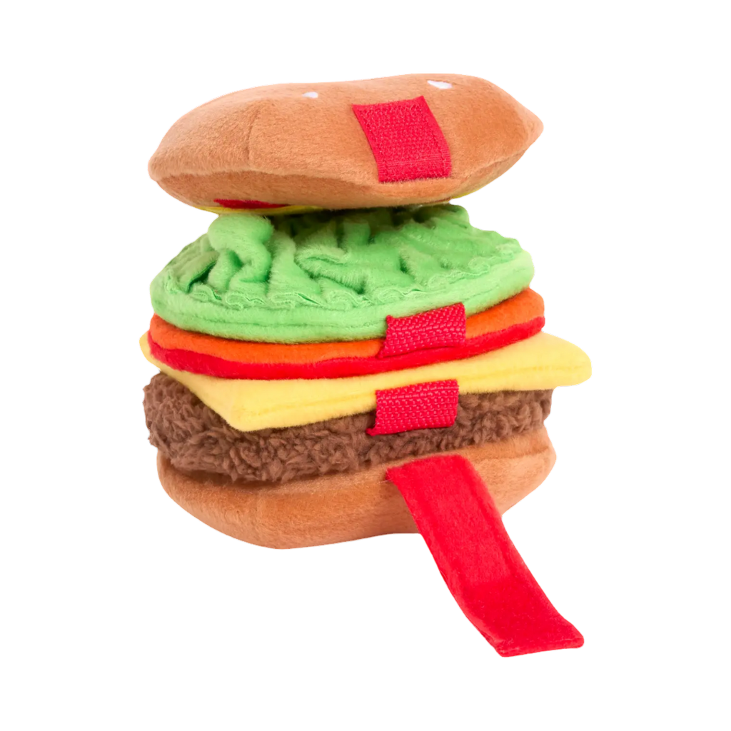 Burger vu de face avec rabats rouges sur les côtés