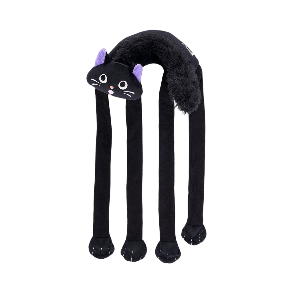 Chat noir aux oreilles violettes et quatre longues pattes pendantes