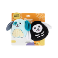 Deux chiots bleu clair et noir squelette sous carton orange