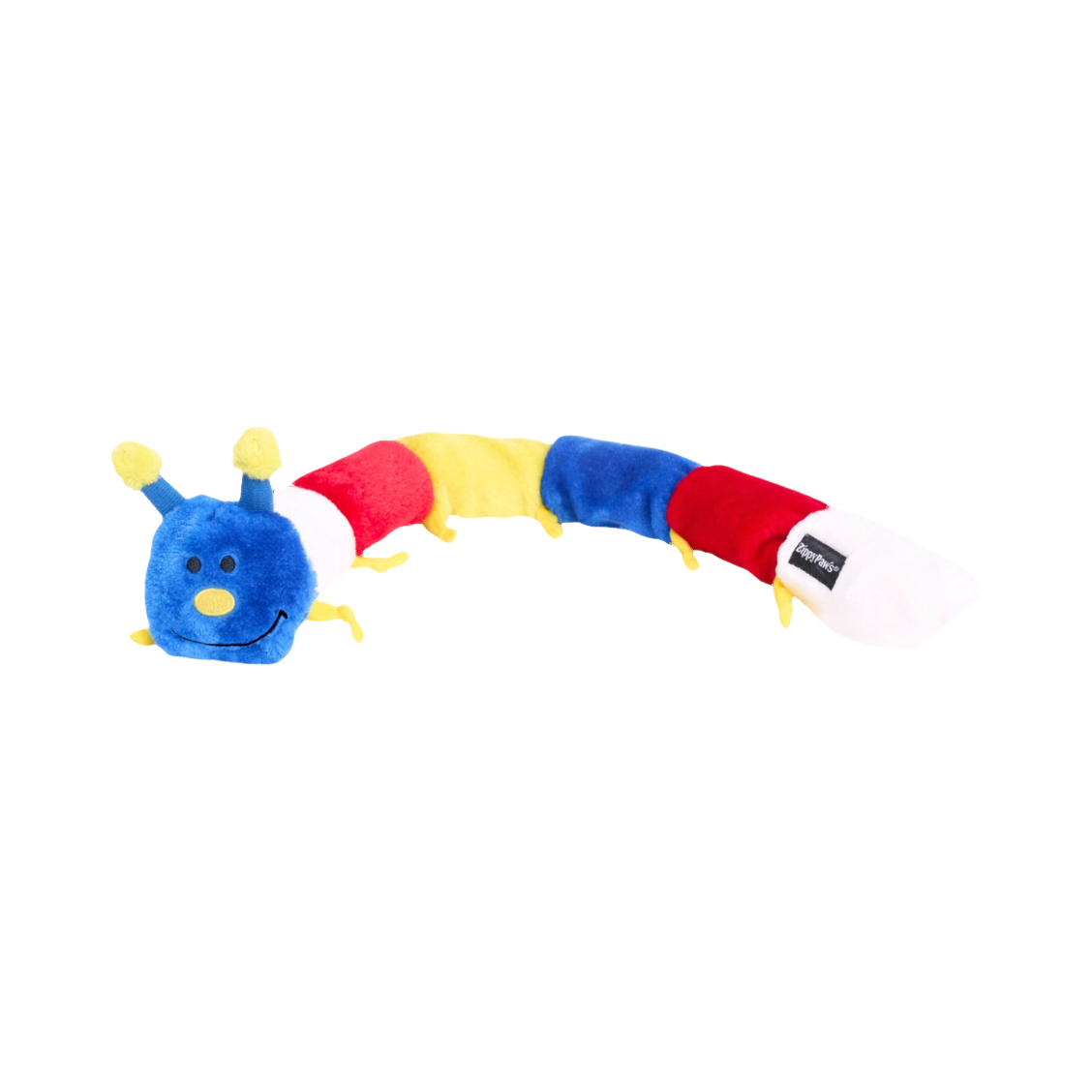 Chenille bleue, rouge, jaune et blanche aux antennes jaunes