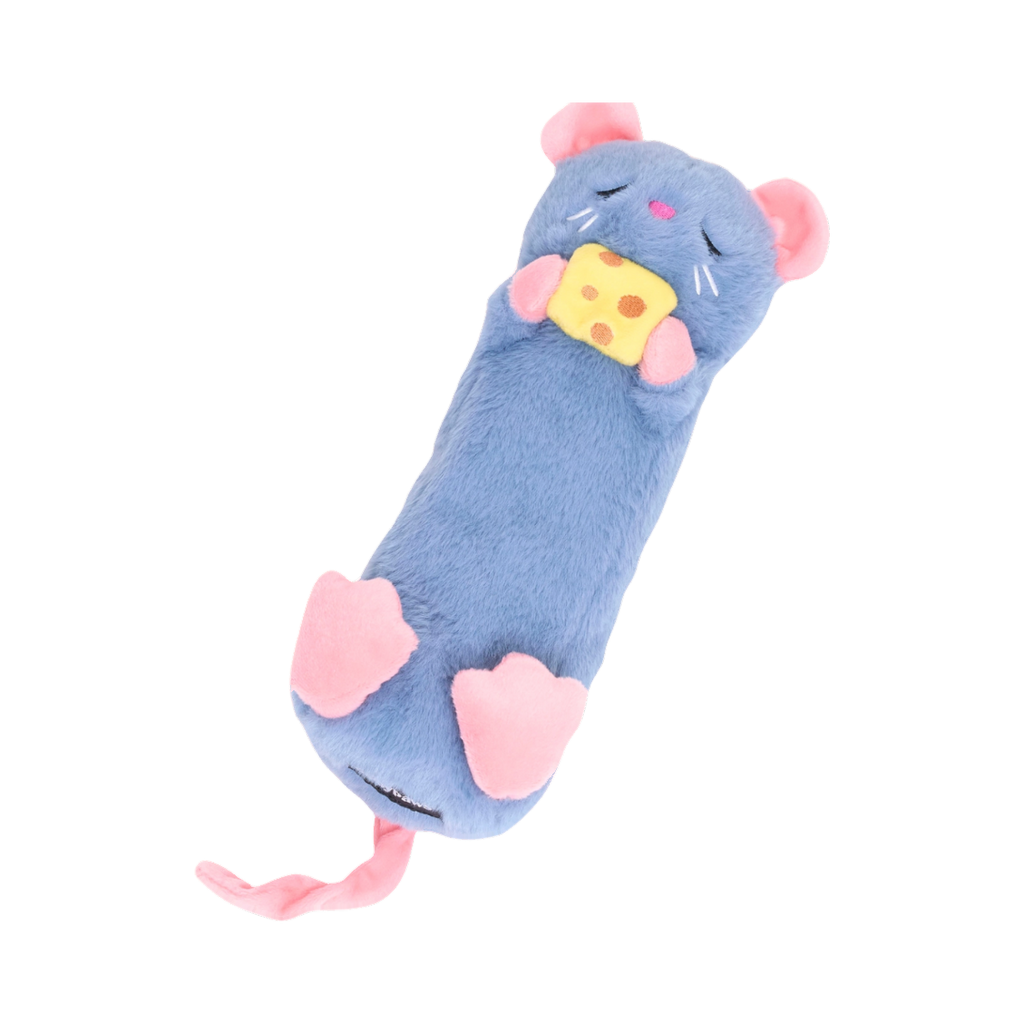 Souris lavande aux pattes roses, vue de trois quarts