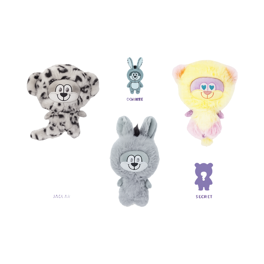Peluches surprises jaguar, lapin gris et chat jaune avec leurs noms