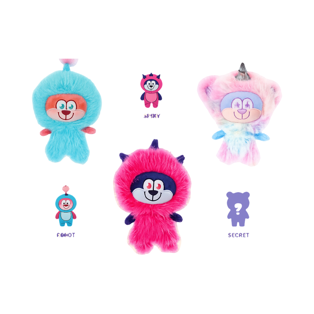 Monstres surprises bleu, rose et fuchsia avec leurs noms