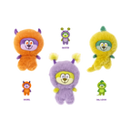 Monstres surprises orange, mauve et jaune avec leurs noms