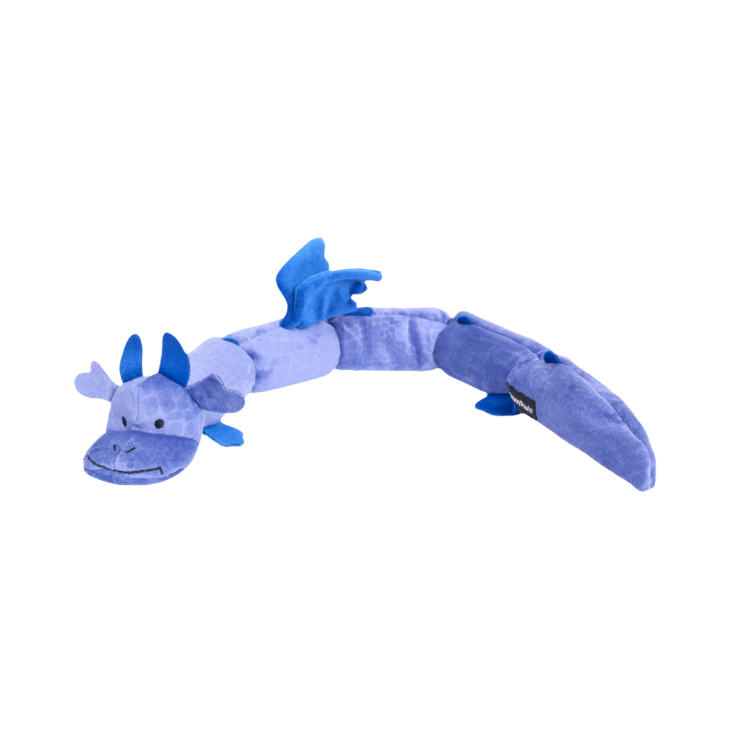 Long dragon violet aux ailes bleues, allongé de profil
