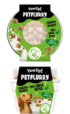 Pot de Pet Flurry canard YowUp! vu du dessus, morceaux de viande visibles