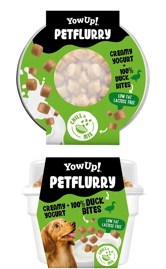 Pot de Pet Flurry canard YowUp! vu du dessus, morceaux de viande visibles