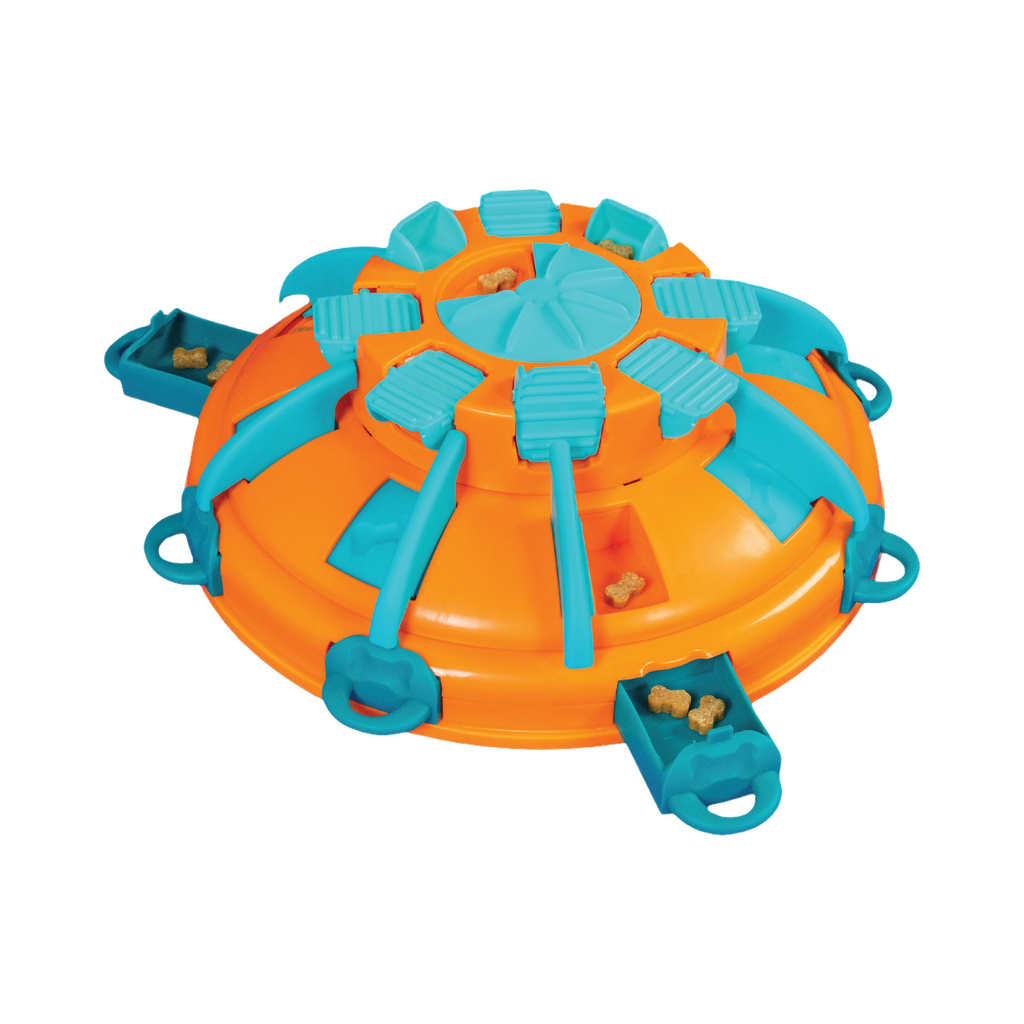Tour orange et turquoise entourée de croquettes
