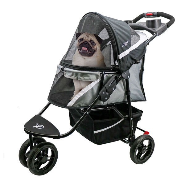 Poussette pour chien Petique Revolutionary Galaxy, gris et noir, avec un carlin à l'intérieur