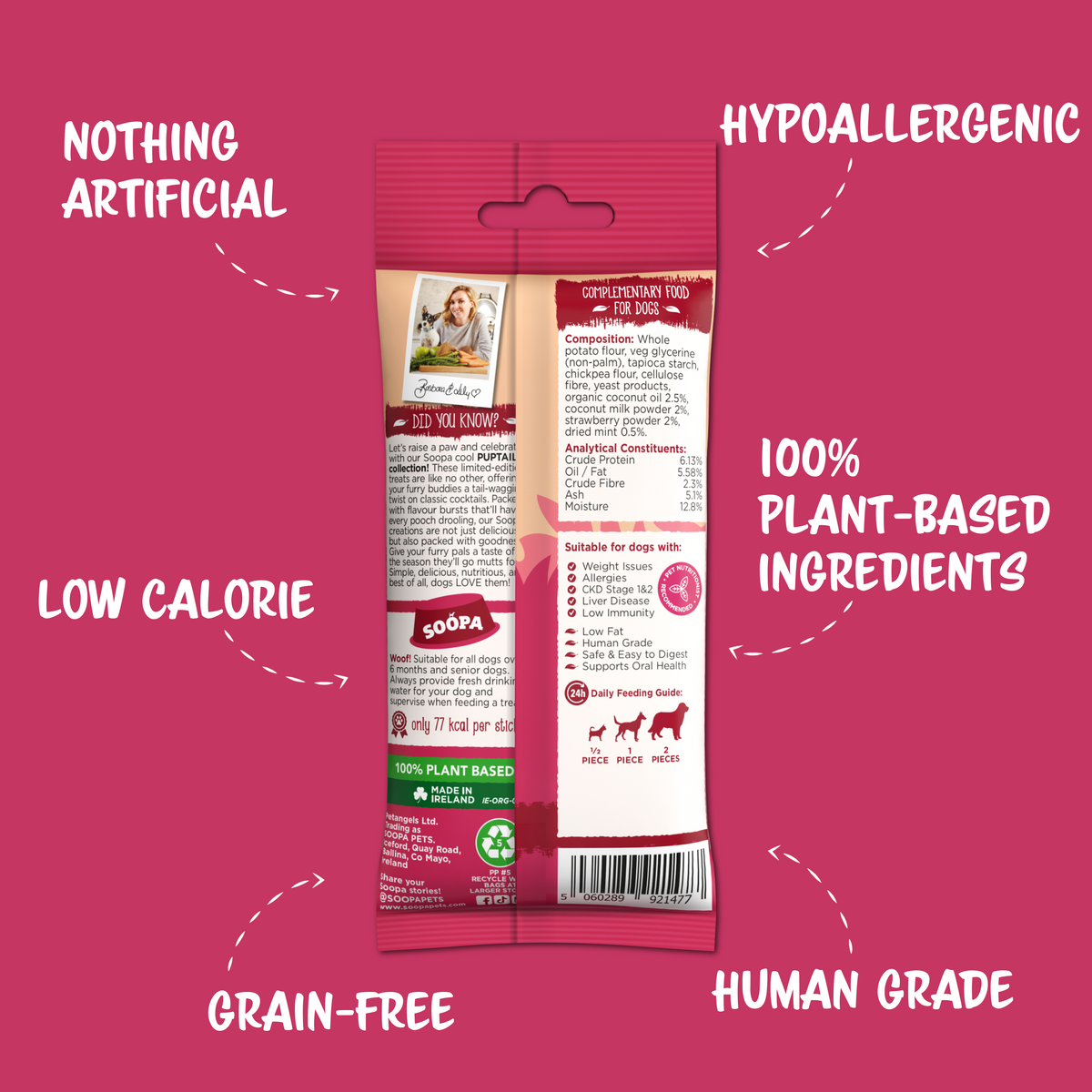 Dos du sachet de bâtonnets dentaires Soopa fraise avec ses engagements