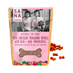 Sachet SANA Mini Chicken Training Bones rose avec os à côté