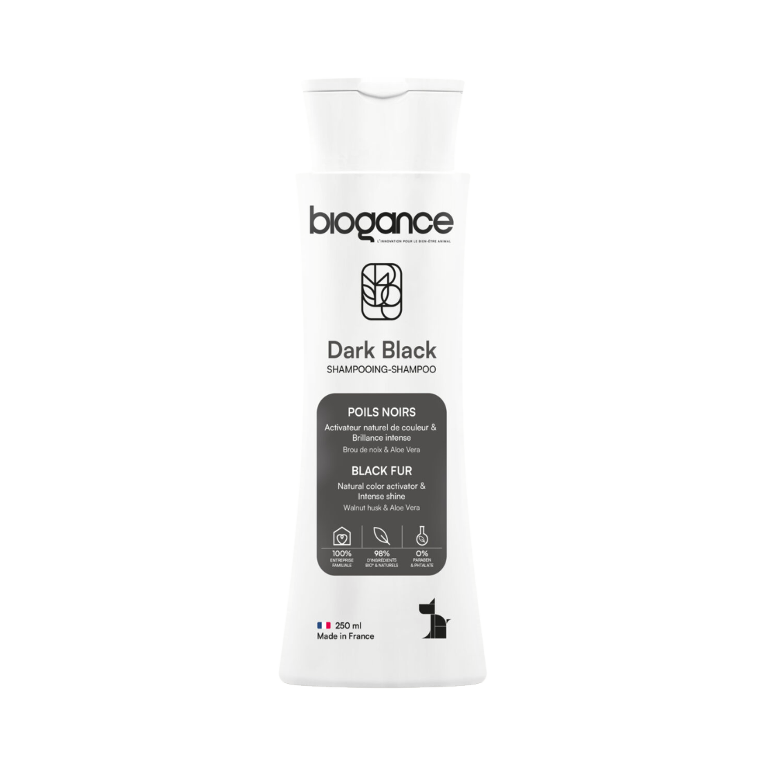 Flacon blanc à bouchon clapet, étiquette noire Poils Noirs