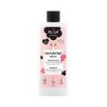 Flacon blanc à bouchon noir, étiquette rose ornée de fleurs
