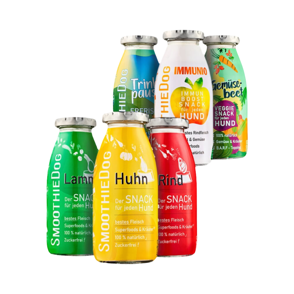 Bouteilles SmoothieDog Lamm, Huhn, Rind, Immunboost, Trinkpause et Gemüsebeet