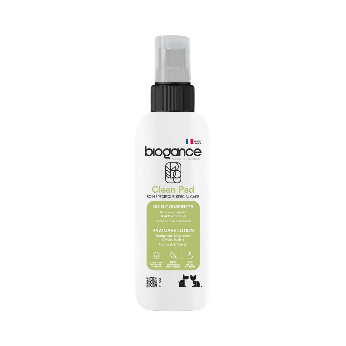 Soin coussinets Clean Pad Biogance – flacon spray blanc 100 ml à étiquette vert sauge