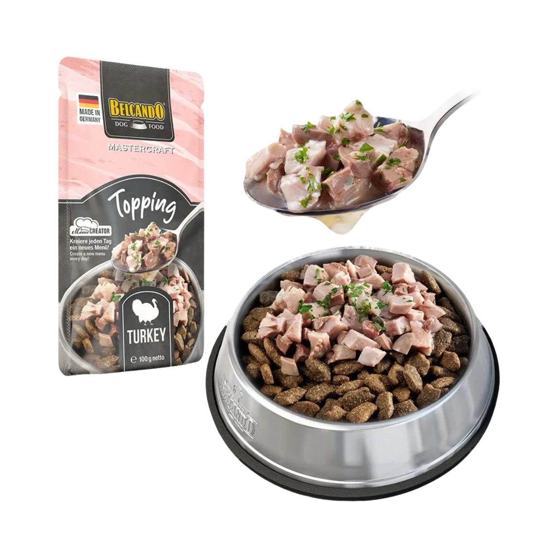 Morceaux de viande sur croquettes dans une gamelle inox