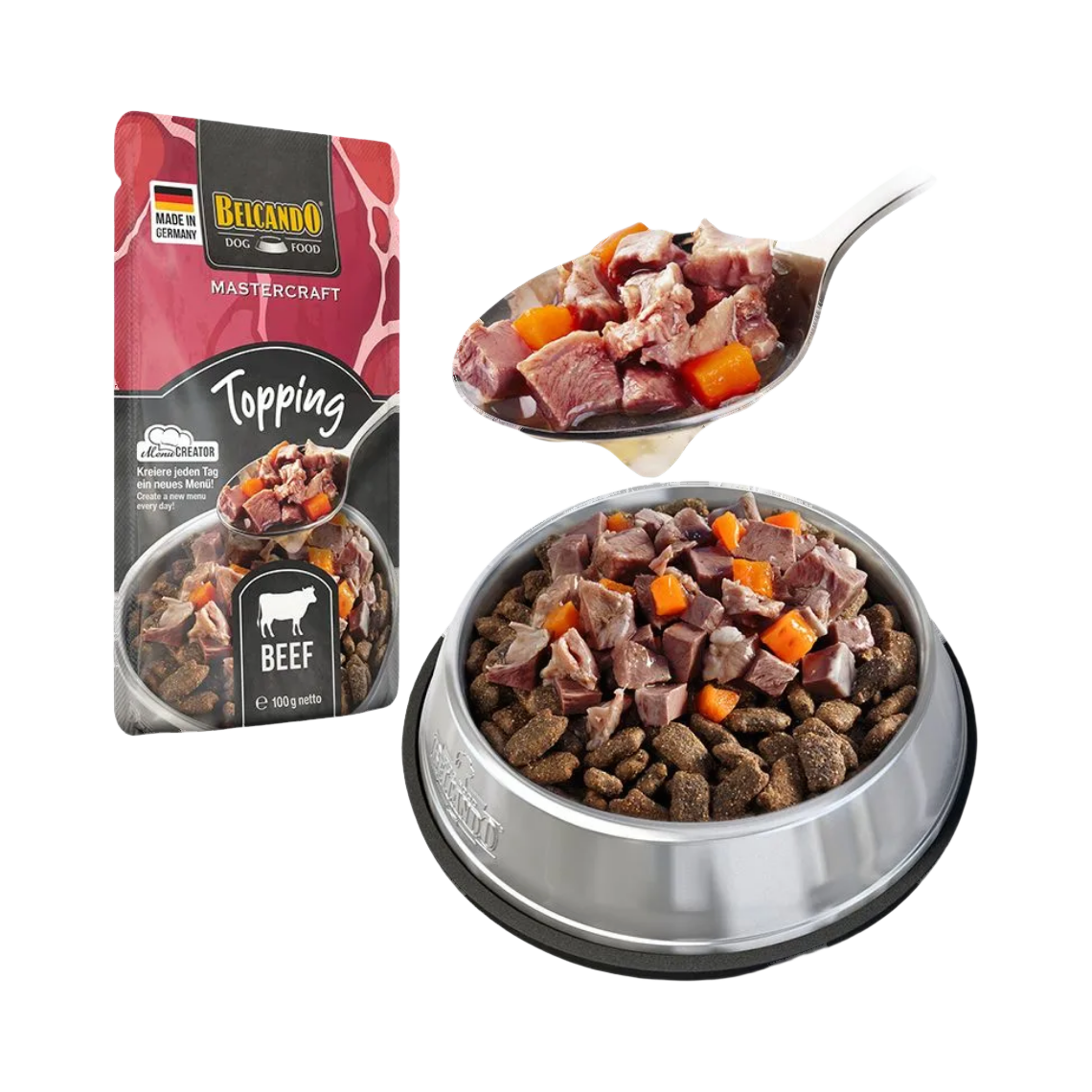 Sachet avec cuillère de viande et gamelle de croquettes garnie