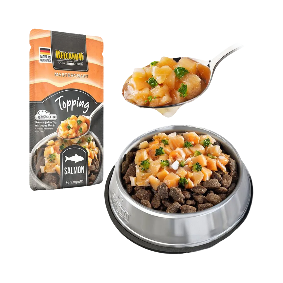 Cuillère de saumon en sauce au-dessus d'une gamelle