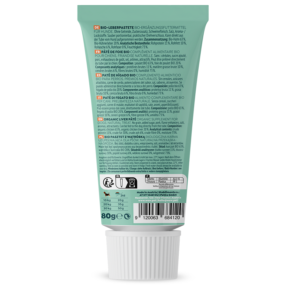 Dos du tube de pâté de foie bio WOW 80 g avec la composition