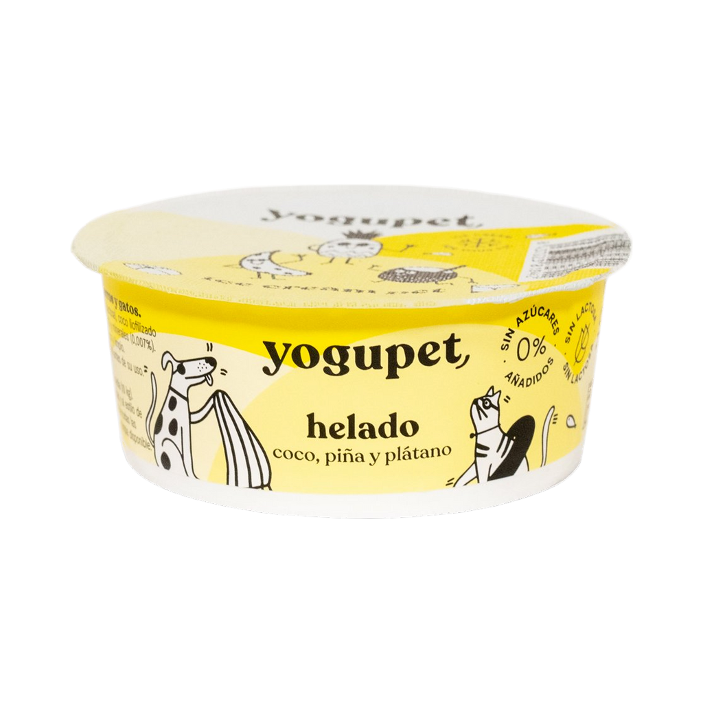 Pot fermé jaune Yogupet helado coco, piña y plátano, couvercle illustré