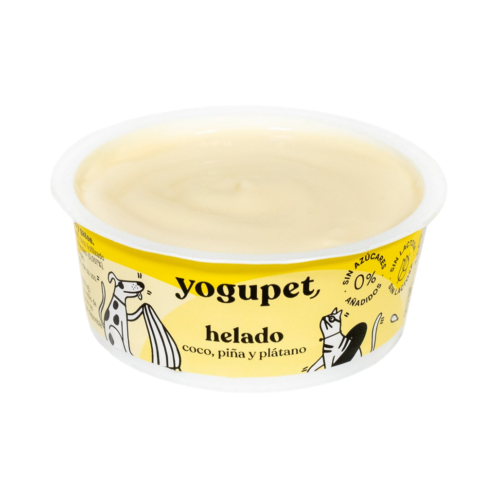 Pot ouvert de glace au yaourt coco, ananas et banane Yogupet, crème glacée jaune pâle