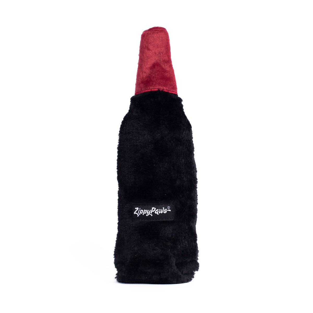 Dos de la peluche bouteille de vin rouge ZippyPaws avec son étiquette tissée