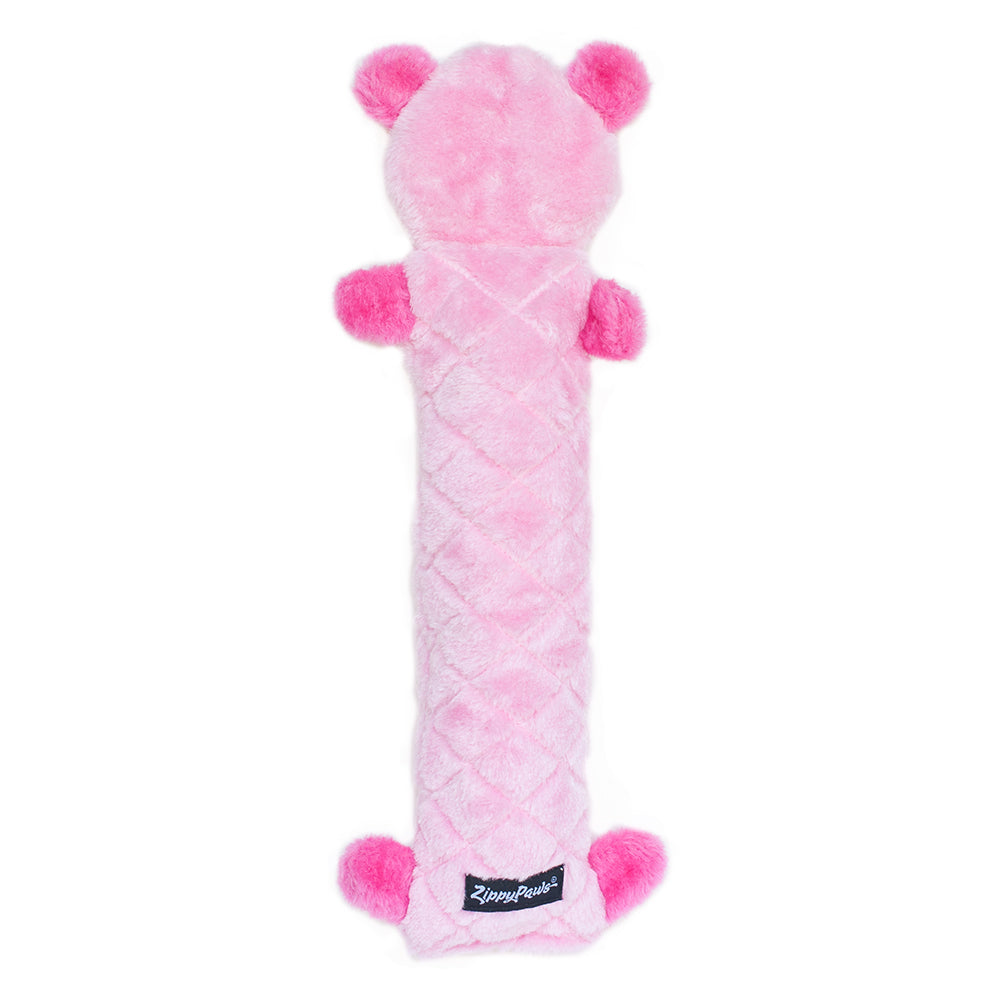 Dos de la peluche ours rose Jigglerz avec l'étiquette ZippyPaws